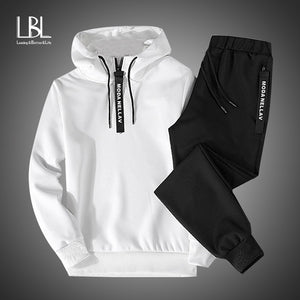 2019 2PC Hoodies Men Spring Autumn Fleece Liner Hooded Sweatshirts + Sweatpants Male Brand Streetwear Solid Warm 2 Pieces Hoody