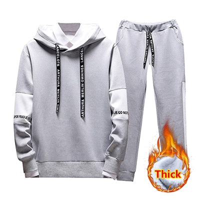 2019 2PC Hoodies Men Spring Autumn Fleece Liner Hooded Sweatshirts + Sweatpants Male Brand Streetwear Solid Warm 2 Pieces Hoody