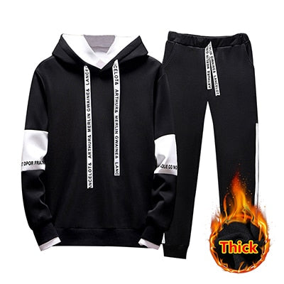 2019 2PC Hoodies Men Spring Autumn Fleece Liner Hooded Sweatshirts + Sweatpants Male Brand Streetwear Solid Warm 2 Pieces Hoody