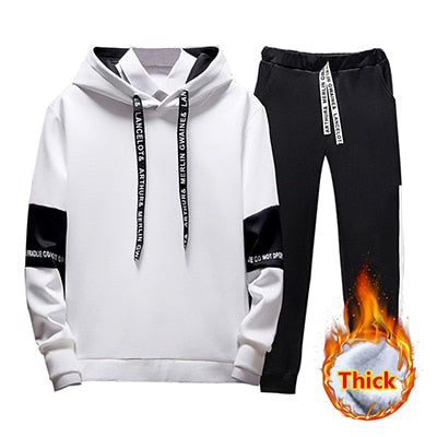 2019 2PC Hoodies Men Spring Autumn Fleece Liner Hooded Sweatshirts + Sweatpants Male Brand Streetwear Solid Warm 2 Pieces Hoody