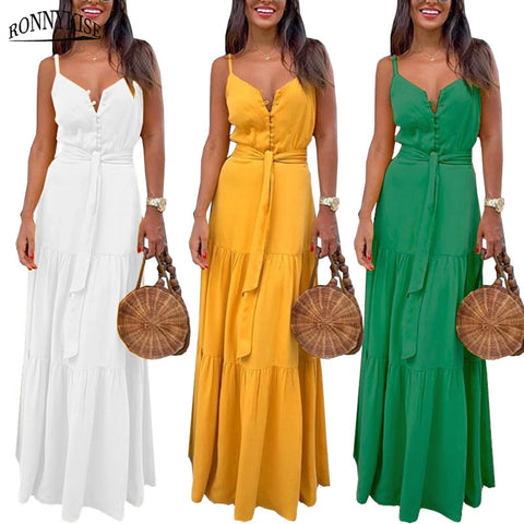 RONNYKISE Sleeveless Dresses Women Fashion Sexy V-neck Botton Stitching Spaghetti Strap Dress Summer Casual Party Long Dresses