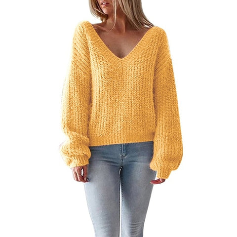 Autumn Sweater Women Sexy Women V-Neck Sweater Casual Leak Back Knitted Loose Long Sleeve Pullover Virgin Killer Sweater