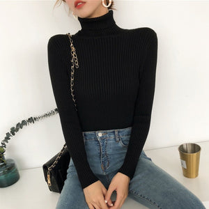 Autumn Fall Women Sweater Slim Soft Long Sleeve High Neck Knit Pullover Sexy Slim Stretch Turtleneck Sweaters