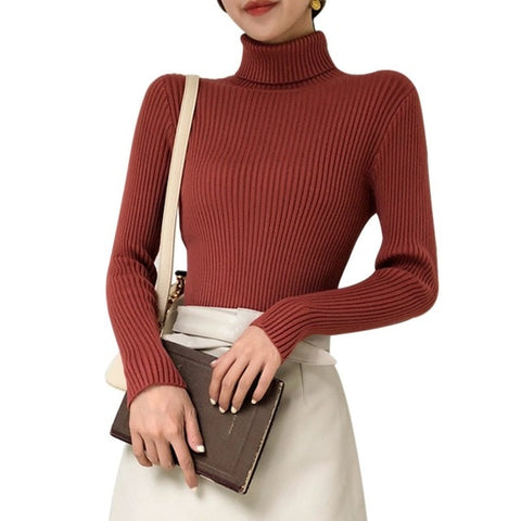 Autumn Fall Women Sweater Slim Soft Long Sleeve High Neck Knit Pullover Sexy Slim Stretch Turtleneck Sweaters