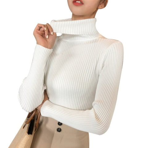 Autumn Fall Women Sweater Slim Soft Long Sleeve High Neck Knit Pullover Sexy Slim Stretch Turtleneck Sweaters