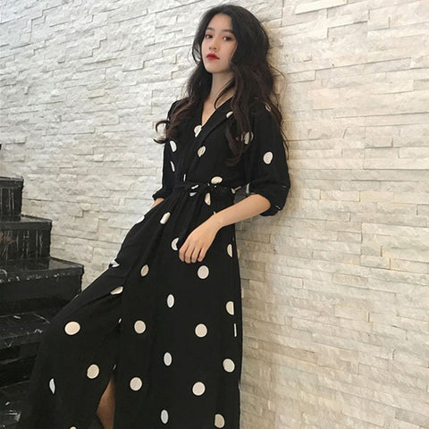 Dress Women Fashion Bandage V-Neck  Long Dresses Short Sleeve Wave Point Maxi Dress Vestidos Robe Femme D722