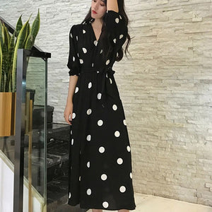 Dress Women Fashion Bandage V-Neck  Long Dresses Short Sleeve Wave Point Maxi Dress Vestidos Robe Femme D722