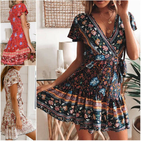 Sexy Women Bohemia Flower Print Dress Party Clubwear Short Sleeve  V-Neck Casual Summer Beach Bodycon 2019 Hot Sale Mini Dress