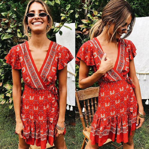 Sexy Women Bohemia Flower Print Dress Party Clubwear Short Sleeve  V-Neck Casual Summer Beach Bodycon 2019 Hot Sale Mini Dress