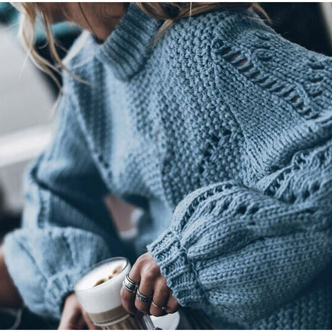 Women's Sweaters Hollow Out Loose Knitted Lantern Sleeve O-Neck Solid Pullover Sweater Female 2019 Autumn Warm Ladies Pullovers