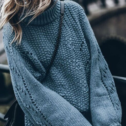 Women's Sweaters Hollow Out Loose Knitted Lantern Sleeve O-Neck Solid Pullover Sweater Female 2019 Autumn Warm Ladies Pullovers