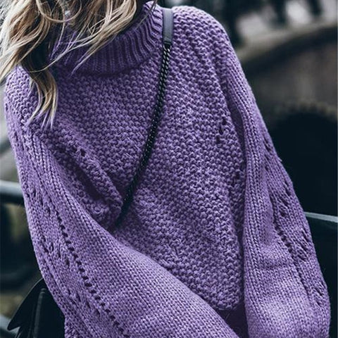 Women's Sweaters Hollow Out Loose Knitted Lantern Sleeve O-Neck Solid Pullover Sweater Female 2019 Autumn Warm Ladies Pullovers