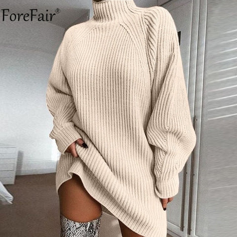 Forefair Turtleneck Long Sleeve Sweater Dress Women Autumn Winter Loose Tunic Knitted Casual Pink Gray Clothes Solid Dresses