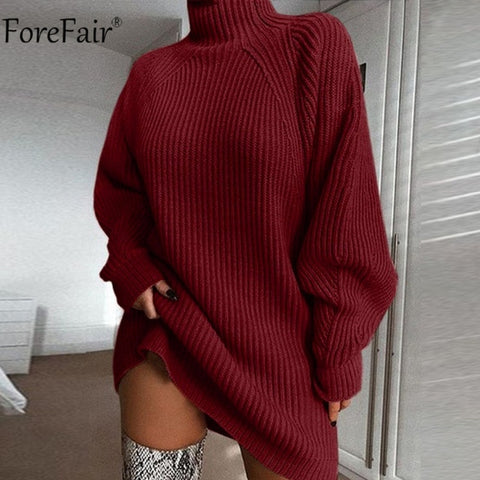 Forefair Turtleneck Long Sleeve Sweater Dress Women Autumn Winter Loose Tunic Knitted Casual Pink Gray Clothes Solid Dresses