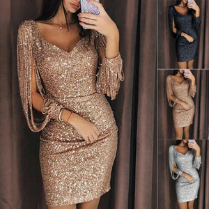 Women mini dress bodycon bandage evening party  tassel black silver rose gold dress v neck sequin fringe chic dress clubwear