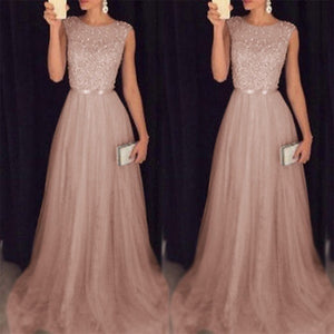 Women's Luxury Elegant Sequins Mesh Hem Long Party Dresses New Fashion Lace Up Slim Fit Sleeveless Maxi Dresses