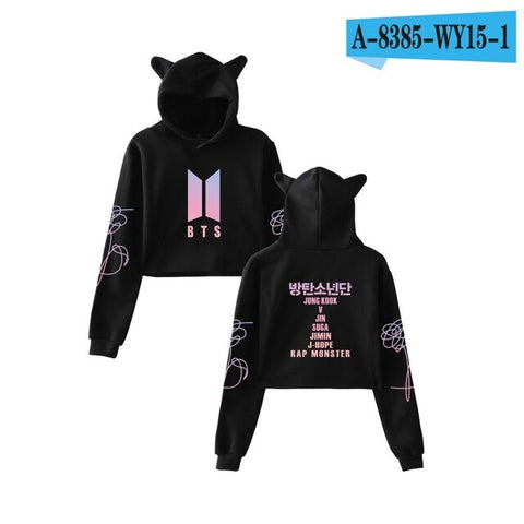 2018 New Style BTS Stylish Related Should Aid Collective-Cat Ear Bare Midriff Hooded Hoodie