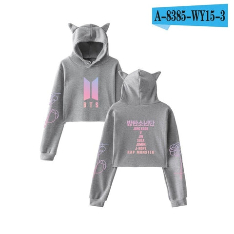 2018 New Style BTS Stylish Related Should Aid Collective-Cat Ear Bare Midriff Hooded Hoodie