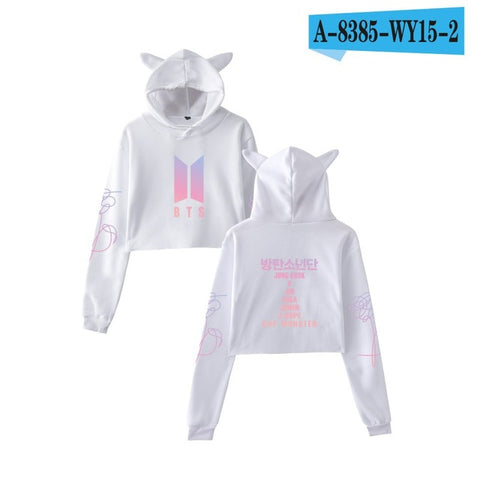 2018 New Style BTS Stylish Related Should Aid Collective-Cat Ear Bare Midriff Hooded Hoodie