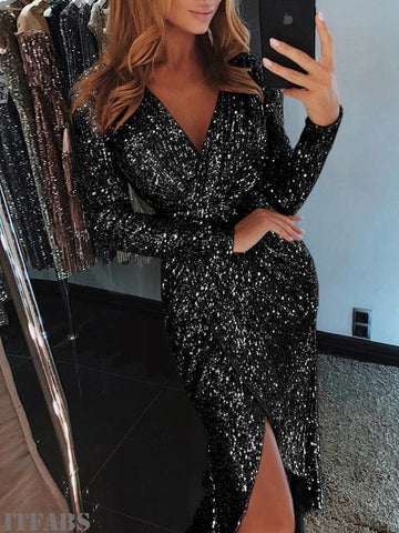 2019  Women Sexy V neck Bodycon long sleeve skinny  Dresses Slim Glitter Elegant Ladies Party Dress