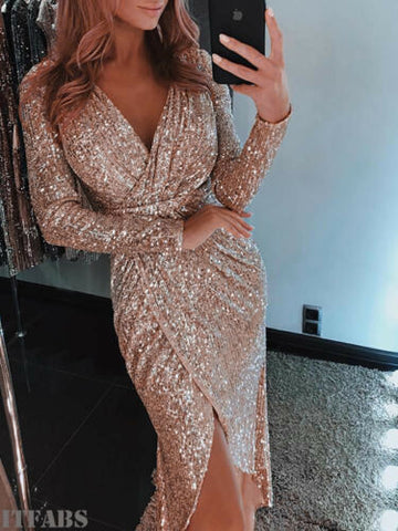 2019  Women Sexy V neck Bodycon long sleeve skinny  Dresses Slim Glitter Elegant Ladies Party Dress