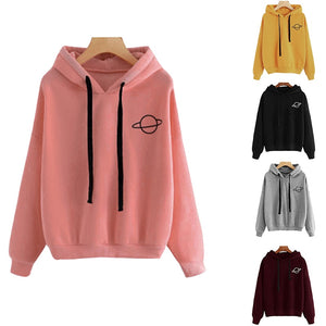 2019 Autumn Women Hoodies Casual Planet Print Solid Color Loose Drawstring Sweatshirt Fashion Long Sleeve Hooded Female Tops