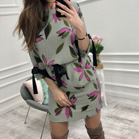 2019 Autumn Women Casual Printed Mini Dress Women Bow O-neck half sleeve Fashion Christmas Party Dresses vestidos