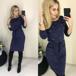 2019 New Women Winter Spring Colors Cotton Dress Beading Knee-Length Stretch Elegant Long Sleeve O-neck Pockets Office Dresses