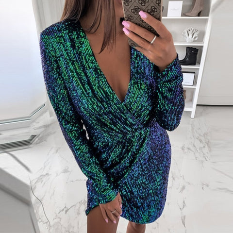 Sexy Sequin Glitter Shiny Slit Mini Dress Women Autumn V-neck Party Dress Winter Long Sleeve Irregular Bodycon Dresses Vestidos