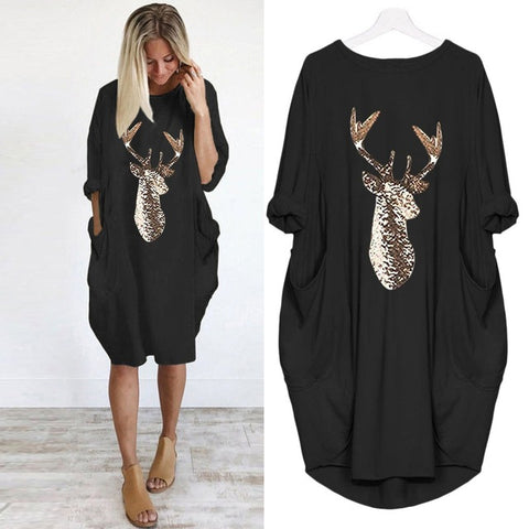 Plus Size dress Women Casual Loose Tops Elk Printting Sundress 2019 Autumn Winter Ladies O Neck Long Pocket Christmas Dresses