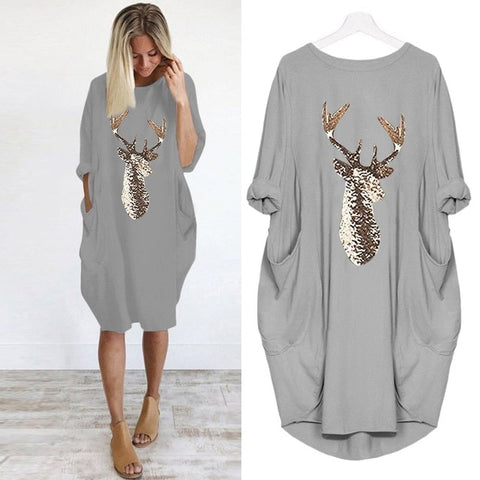 Plus Size dress Women Casual Loose Tops Elk Printting Sundress 2019 Autumn Winter Ladies O Neck Long Pocket Christmas Dresses