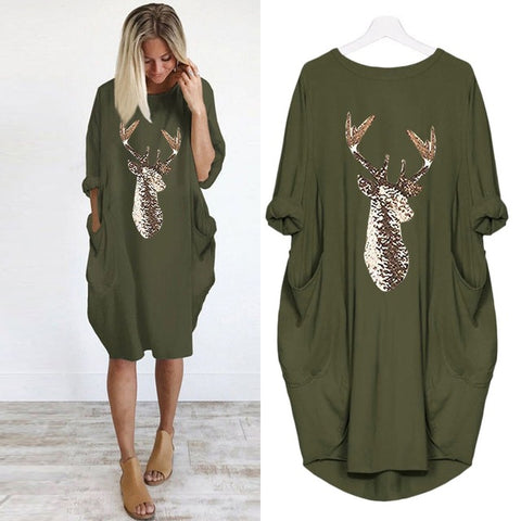 Plus Size dress Women Casual Loose Tops Elk Printting Sundress 2019 Autumn Winter Ladies O Neck Long Pocket Christmas Dresses