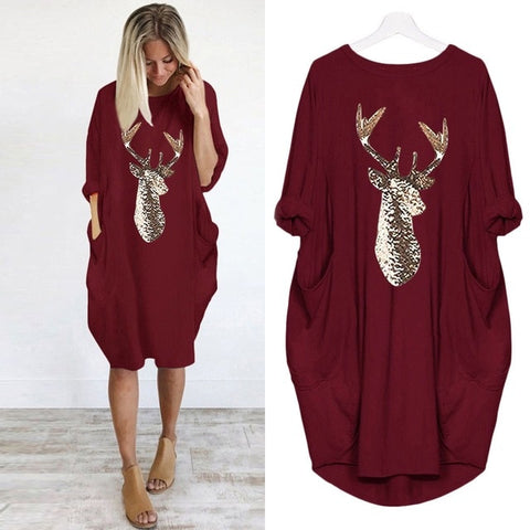 Plus Size dress Women Casual Loose Tops Elk Printting Sundress 2019 Autumn Winter Ladies O Neck Long Pocket Christmas Dresses