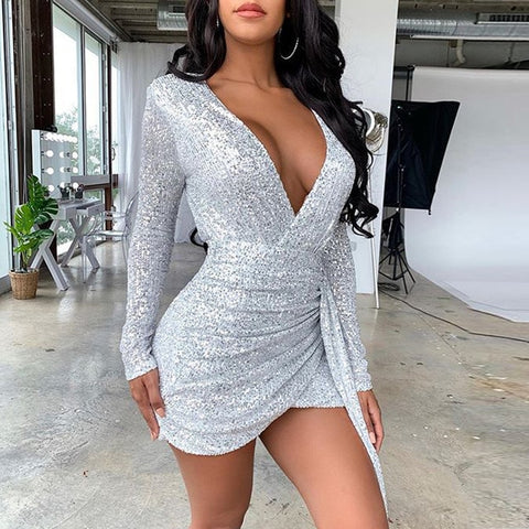 Lady Sequin Glitter Shiny Club Mini Dress Women Sexy Deep V-neck Slit Bodycon Dress Autumn Long Sleeve Party Dress Dropshipping