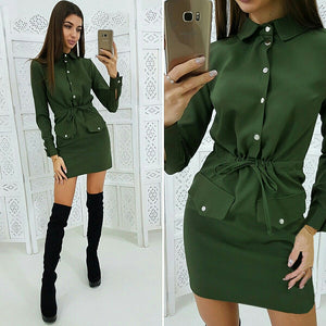 Women Casual Sashes Button Sheath Dress Turn Down Collar Long Sleeve Solid Dress 2019 Autumn Fashion Vintage Elegant Mini Dress