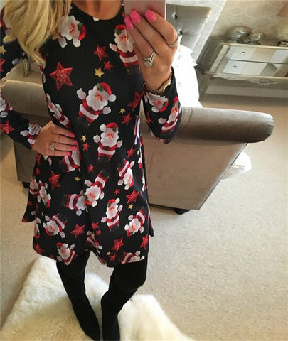 4XL 5XL Large Size Dress Casual Printed Cartoon Christmas Dress Autumn Winter Long Sleeve A -line Dress Plus Size Women Clothing