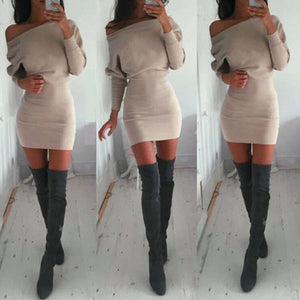 2019 New  Women Off Shoulder Long Sleeve Winter Jumper Sweater Slim Bodycon Dress  Lady Clothes