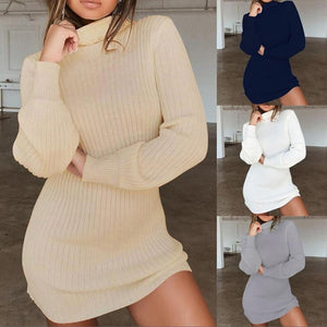 Women High Neck Slim Knitted Solid Wool Mini Dresses Fashion Ladies Basic Long Sleeve Winter Autumn Warm Dresses