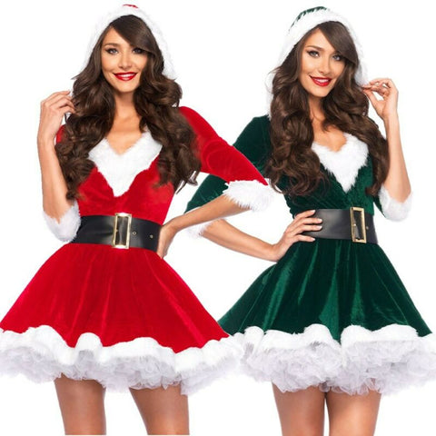 Fashion Women Half Sleeve Solid Popular Ladies Santa Claus Xmas Costume Cosplay Outfit Waistbelt Fancy Christmas Mini Dress