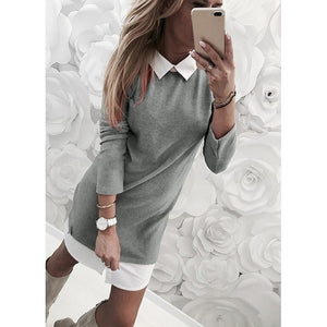 Plus Size Women's Fashion Long Sleeve Mini Dress Casual Solid Color Fake Shirt Dress Cute Pullover Office Ladies Short Dresses