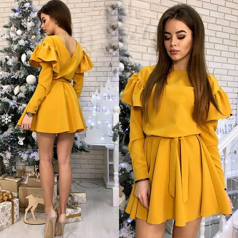 Women Sashes Sweet Ruffles a Line Party Dress Ladies Long Sleeve o Neck Elegant Dress 2019 New Fashion Women Mini Dress Vintage