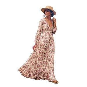 Retro Vintage Floral Printed Long Dresses Vestidos Full Sleeve V-Neck High Waist Loose Boho Beach Dress XXL