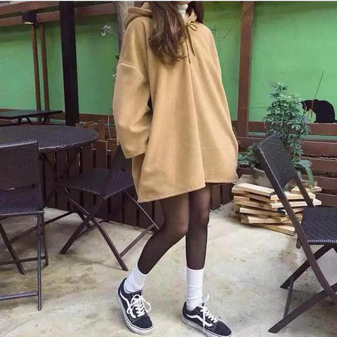 Fashion New Women Harajuku Style Loose Hoodies Females Long Solid Color Hooded Tops Womens Bf Korean Female Pullover Students