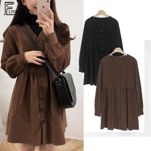 Cute Sweet Dresses Hot Sales Women Fashion Long Sleeve V Neck Vintage Preppy Style Girls Casual Loose Mini Button Shirt Dress